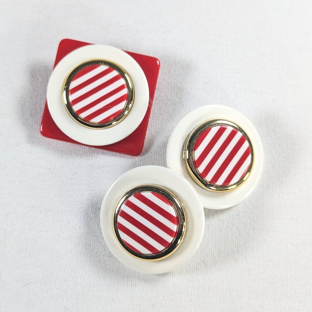 Chunky 1980s Nautical red stripe brooch and earring set